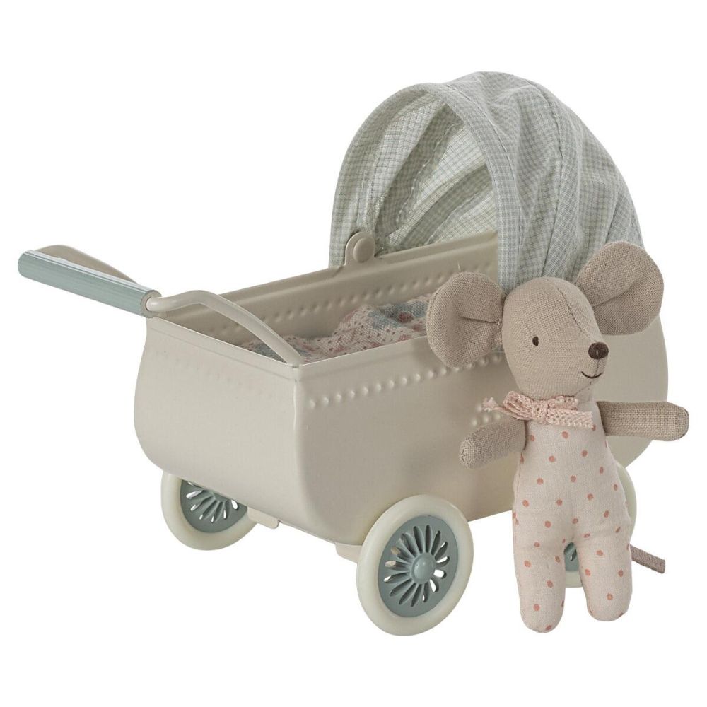 Maileg Barnevogn med baby mus - Mint