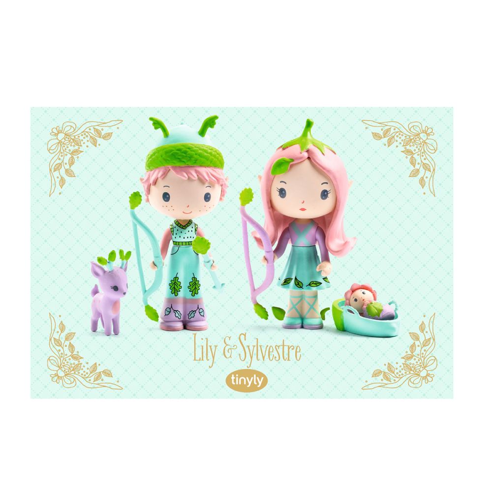 Djeco tinyly figur par - Lily og Sylvestre i elvetøj med buer og pil.