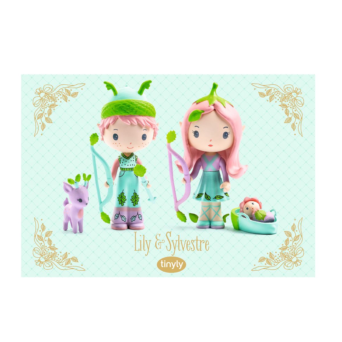 Djeco tinyly figur par - Lily og Sylvestre i elvetøj med buer og pil.