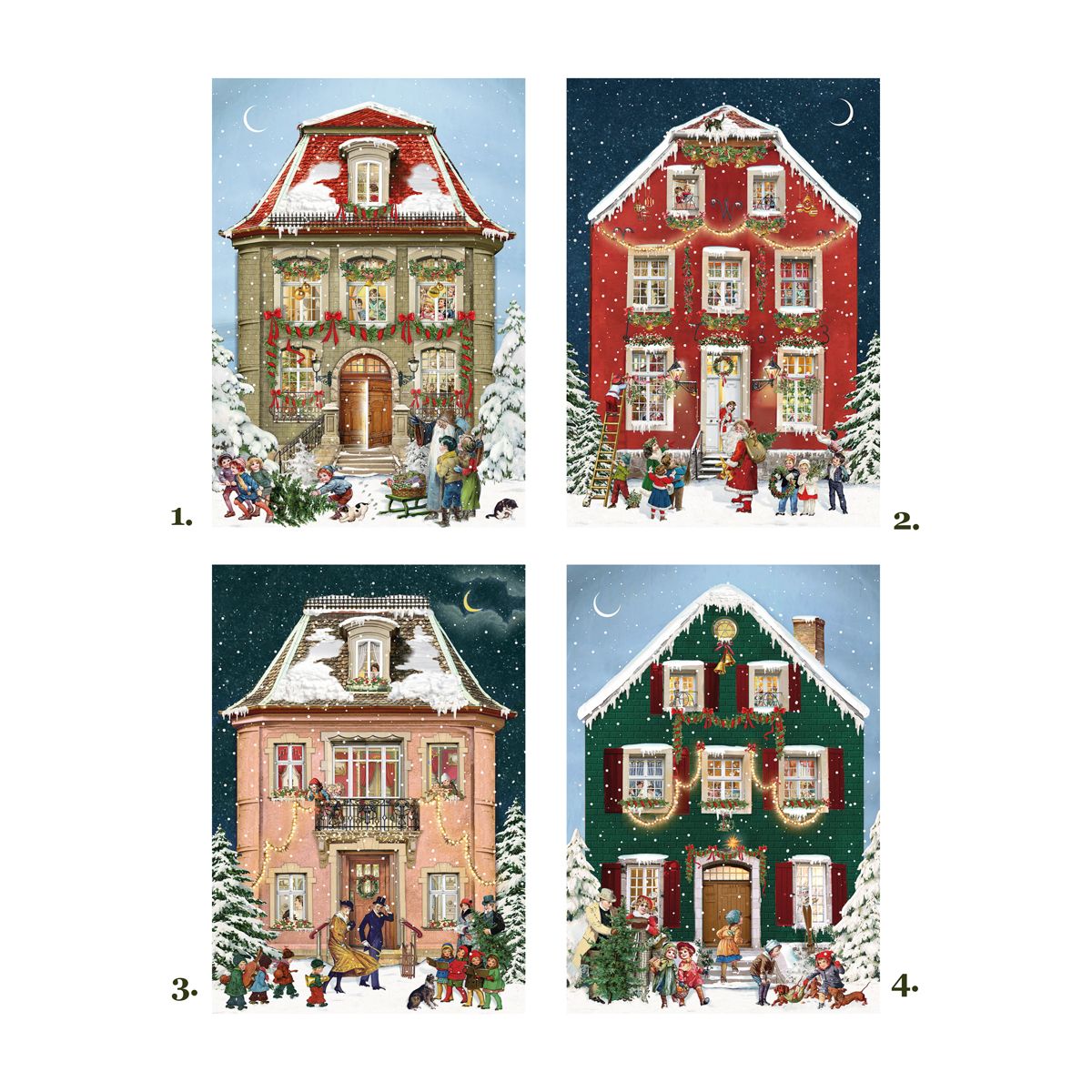 Mini julekalender julekort Julehuse 4 ass 1 stk 