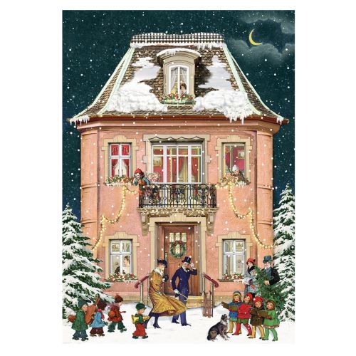 Mini julekalender julekort Julehuse 4 ass 1 stk 